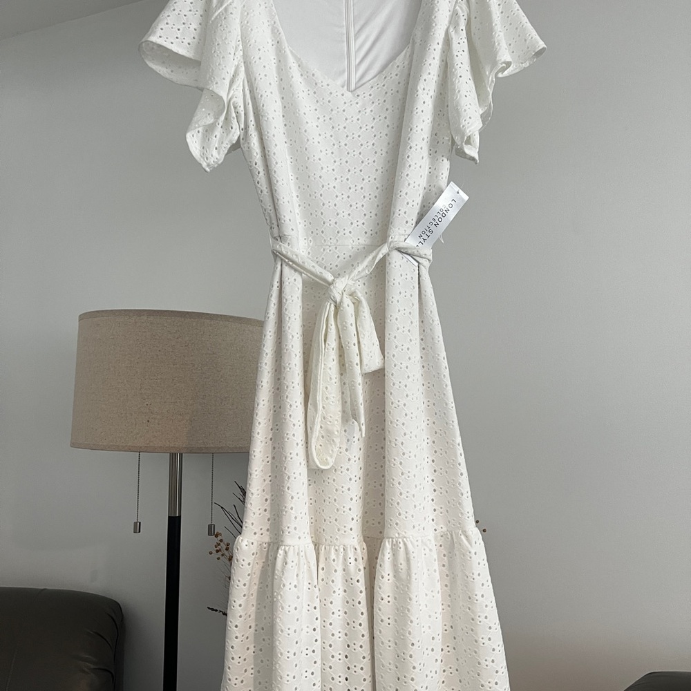 London Style White Eyelet Midi Dress NWT
